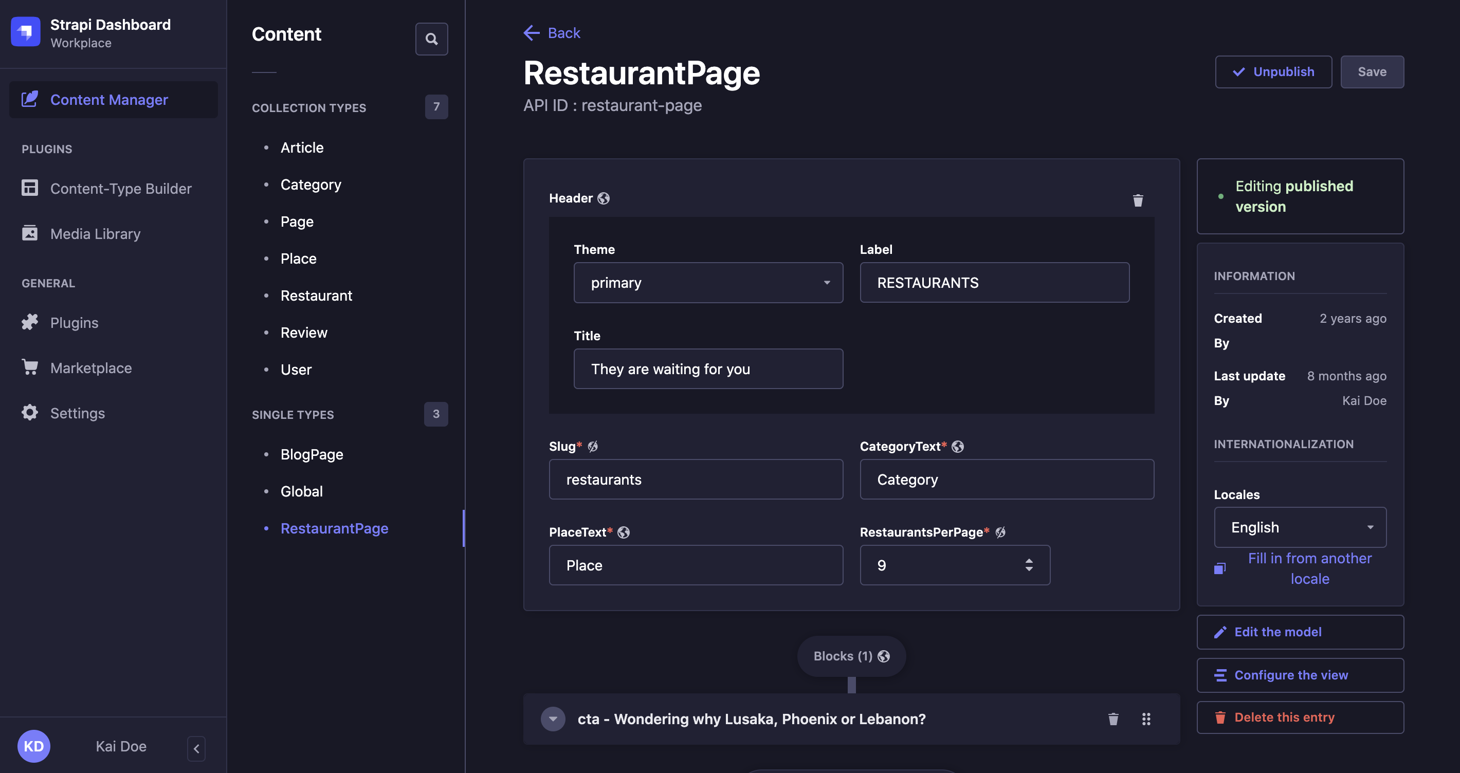 Single type in the Content Manager